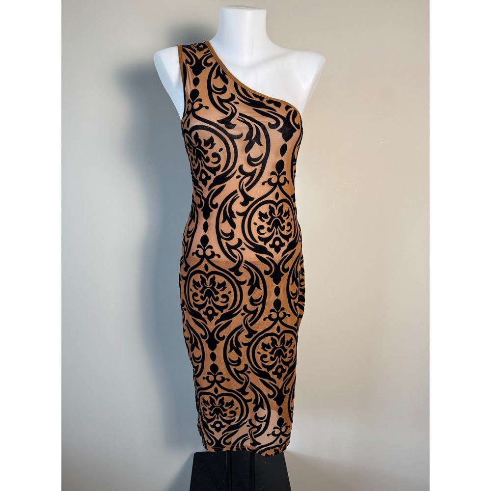 One Shoulder Velvet Damask Mesh Midi Dress S Gothic‎ Dark Academia WhimsiGoth